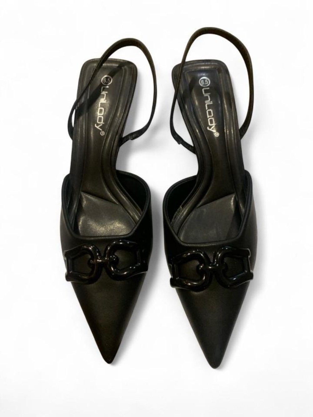 Unlabeled Black Slingback Pointed-Toe Pumps with Decorative Buckle